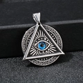 Macro detail of stainless steel All-Seeing Eye pendant with blue stone inlay - All-Seeing Eye Triangle Style (KP119884-MI)
