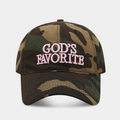 Detail of pink embroidered God's Favorite text on a camouflage baseball cap fabric - Jungle Camouflage (2#)