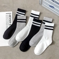 Set of 6 pairs striped cotton crew socks in black, white and grey for sports fashion - One Size / Random Mixed Colors