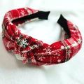 Christmas red plaid knotted headband with snowflake patterns on white background - Red Plaid Snowflake