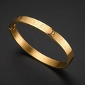 Dettaglio macro di bracciale dorato con numeri romani incisi e chiusura a scatto metallica - Numeri Romani / Oro