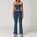 Marineblauw yoga-set met haltertop en uitlopende broek met hoge taille en witte biezen - S / Vest + Flare Broek / Marineblauw