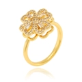 Detail of a rotating gold clover ring featuring sparkling clear square cubic zirconia stones - Adjustable Open / Rectangle Zircon Clover Style (J1501-H)