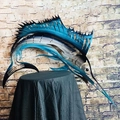 Blue and silver sailfish metal wall art decoration with polished cutout steel finish - 25cm / Swordfish B