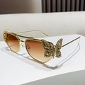 Fashion sunglasses with gold metal frame, tea gradient lenses and butterfly rhinestones - Gradient Tea
