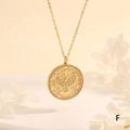 Macro detail of gold dove and cross pendant with micro-paved cubic zirconia stones - Peace Dove Plate (NE2285-F)