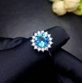 Elegant silver ring with a large oval blue gemstone surrounded by clear zircon crystals - Aquamarine Diamond [white Gold] 2 Carats Ljz-156 / Adjustable Open