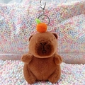 Plush brown capybara keychain with a small orange on top for bag decoration - Dark Brown Orange + Silver Clip