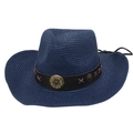 Detail of navy straw cowboy hat with vintage brown leather belt and metallic floral studs - One Size (Approx. 56-58cm) / Navy Blue (Clover Belt + Windproof Rope)