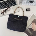 Mini navy denim handbag with colorful beaded handle and Fragrant Reverie embroidery - Small / Light Blue Brown