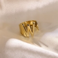 Minimalist gold plated stainless steel open ring featuring a polished letter W charm - Letter W / Gold
