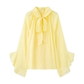Pale yellow long sleeve chiffon shirt featuring tie-neck bow and ruffled flare cuffs - XS / Light Yellow