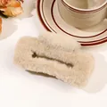 Macro shot of fluffy cream-colored plush hair claw clip with vintage ceramic background - 11cm Square Plush Claw - Khaki