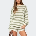 Completo donna in maglia a righe con maglia a maniche lunghe e pantaloncini - Taglia S / Verde