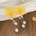 Elegant yellow fabric flower earrings with long white pearl tassels and gold chains - Yellow-Flower Pearl Tassel (925 Sterling Silver Earring Post)