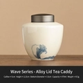 Miniature white ceramic tea jar with blue wave pattern and metal airtight lid - Hand Painted Relief Sea Wave - Alloy Lid Jar