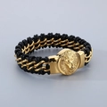 Men's retro lion head leather bracelet with gold woven chain and magnetic clasp - Gold Lion Head