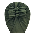 Detail of soft green cotton baby turban hat with three decorative knotted bows on front - Army Green