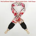 Detail of red sunflower floral strap with black leather ends and gold metal hooks - Red Sunflower + Black Leather / Silver Hook