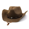 Detailed texture of brown straw cowboy hat with evil eye charm and adjustable chin cord - M(56-58cm) / Coffee