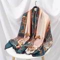 Detailed macro view of vintage silk scarf showing equestrian horse and harness patterns - ZS159-01 - Dark Green