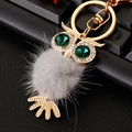 Golden owl keychain with green gemstone eyes and grey plush ball on black surface - Plush Owl Grey