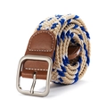 Elastic braided belt in blue, beige, and white with silver square buckle and leather finish - Beige and Navy