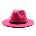 Close-up of rose red wool jazz hat with black leather band and gold buckle detail - M (56-58cm) / Rose Red