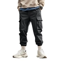 Pantalón cargo negro para hombre con múltiples bolsillos y cintura con cordón - S / Negro