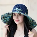 Navy blue crochet sun hat with Nepal print wide brim for women's summer beach outdoor UV protection - Totem Floral Navy Blue