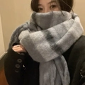 Thick grey and white checkered mohair scarf with soft fluffy texture and fringe - Mohair Large Braid Gray