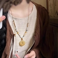Detailed view of bohemian long necklace with yellow round pendant and colorful beads - 105# Yellow Peace Buckle