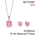 Pink square zircon pendant necklace and stud earrings set in silver stainless steel - Silver - Pink Stone