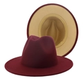 Two-tone burgundy and camel wool felt fedora jazz hat with wide flat brim style. - M (56-58cm) / Wine Red Outer Khaki Inner