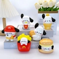 Close-up of six resin Pochacco figurines with McDonald's elements on a cozy desk setup - Red Hat Cartoon White Dog 8.5cm