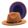 Detail view of fedora hat with camel exterior, purple interior and leather belt strap - Camel And Purple