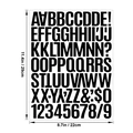 Detailed view of 1.5 inch black vinyl alphabet and number stickers on a 11.4x8.7 inch sheet - Black