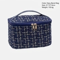 Navy blue tweed travel cosmetic bag with golden zippers and handle, size 21x15x14cm - Barrel Bag / Navy Blue Barrel Bag