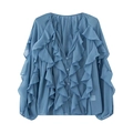 Camicetta da donna in chiffon blu grigio con scollo a V, balze a strati e pieghe - Verde petrolio