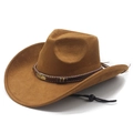Brown suede western cowboy hat with bohemian beaded band and metal feather detail - M (56-58cm) / Khaki