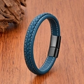 Close-up of blue braided leather bracelet with black magnetic clasp on wood texture - 19cm / Blue/Black Clasp