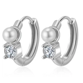 Silver stainless steel huggie earrings with a single pearl and zircon gemstone - Steel Pearl with Zircon