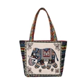 Sac cabas ethnique en toile avec broderie éléphant bohème et lanières colorées - Éléphant Jaune Double Face