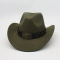 Detailed close-up of olive green wool felt cowboy hat with bull skull metal emblem decoration - One Size / Army Green (Rivet Bull Head)