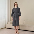 Dark grey waffle knit bathrobe for men and women with V-neck design and belted waist - Gray (Women)
