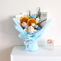 Handmade knitted sunflower and tulip bouquet with blue wrapping for gift - Sunflower Mixed With Blue