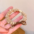 Elastic champagne gold satin hair scrunchie with brown bow and crystal beads - Light Coffee Crystal Decor Scrunchie 1Pc