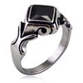 Retro stainless steel ring featuring a square black gemstone with vintage engravings - Black Zirconia (LR923)