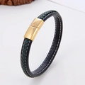 Men's braided leather bracelet in black and green with golden magnetic clasp - Black Green Color Block Braided