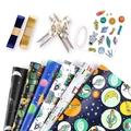 Space-themed gift wrapping paper set with rockets, astronauts, and colorful ribbons - Space Theme Wrapping Paper Set